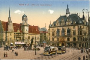 Historische Zeichnung des alten und neuen Rathauses Halle