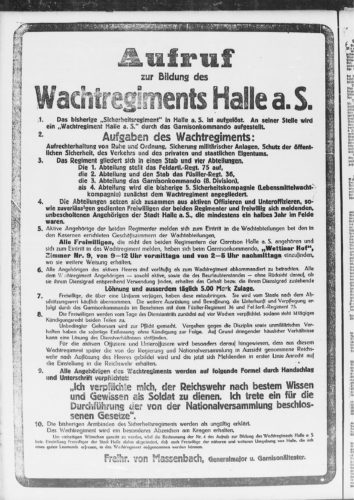 14.3.1919 Aufruf zur Bildung des Wachregiments Halle a.S. (Hallische Nachrichten)